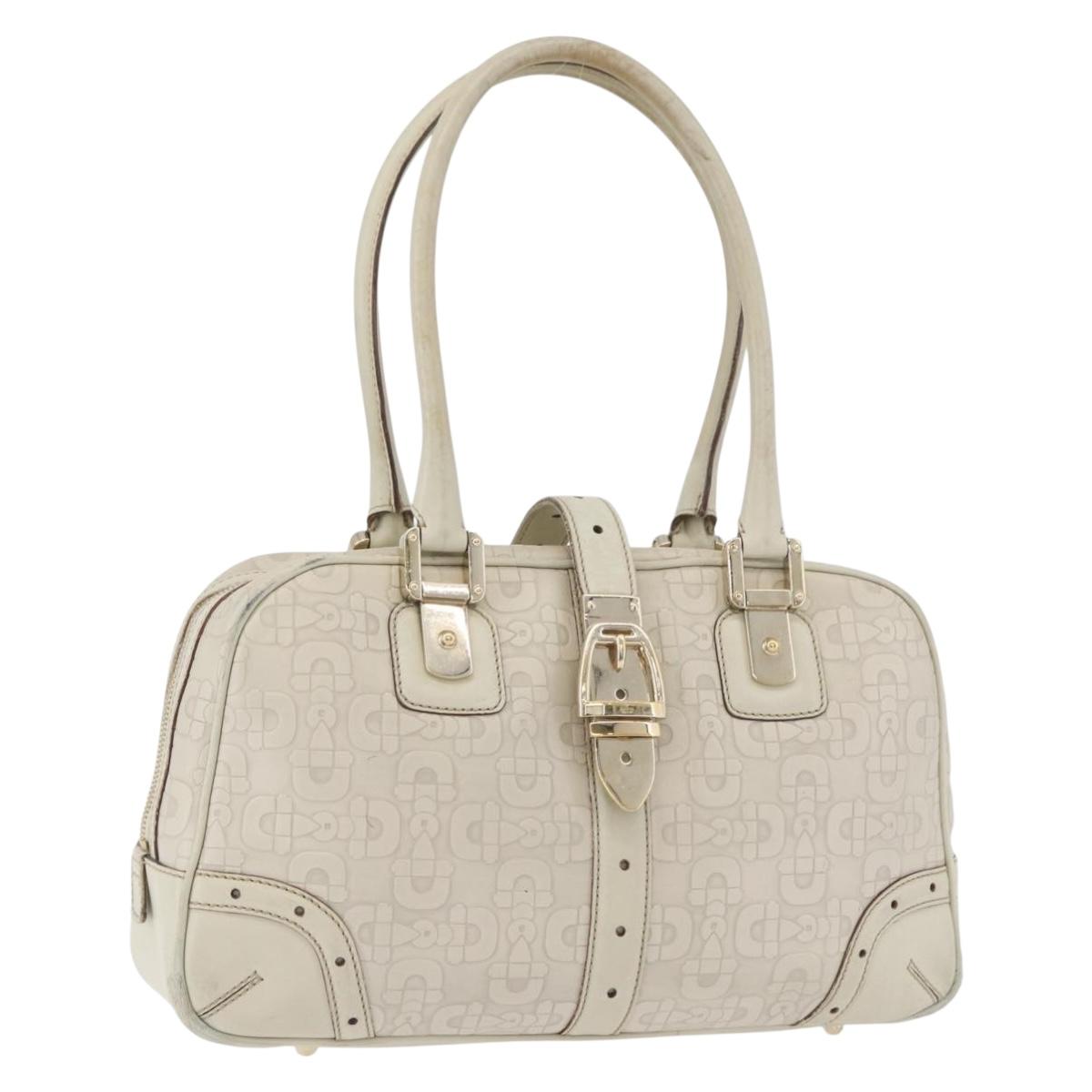 GUCCI Horsebit Hand Bag Leather White Gold 145770 Auth bs34368