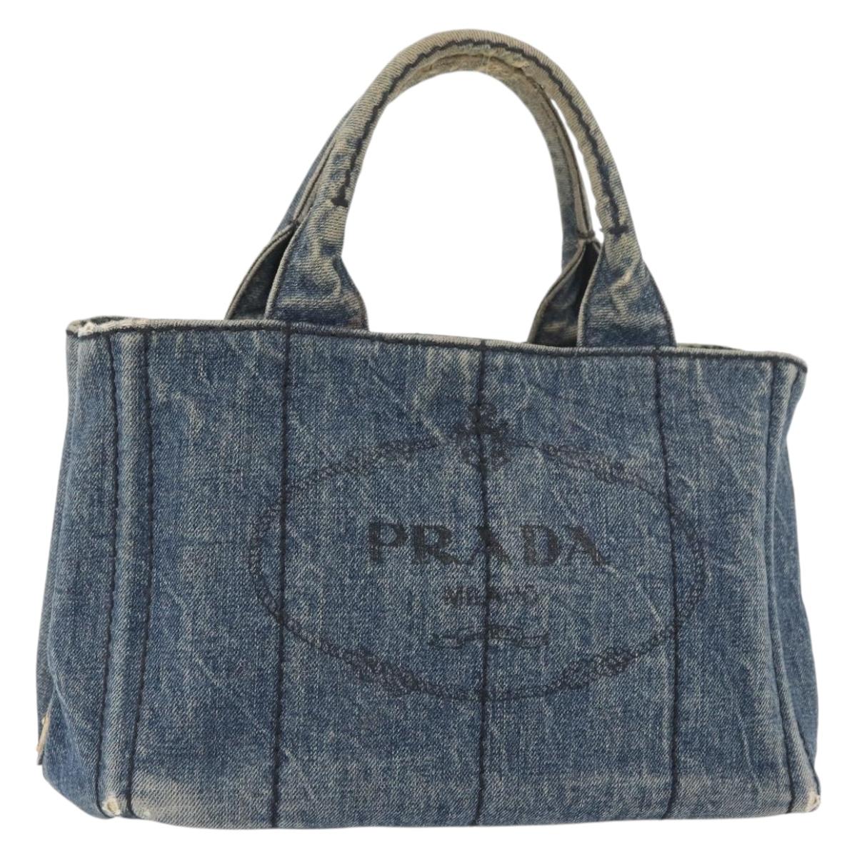 PRADA Canapa PM Hand Bag Denim Blue Gold Auth bs34435
