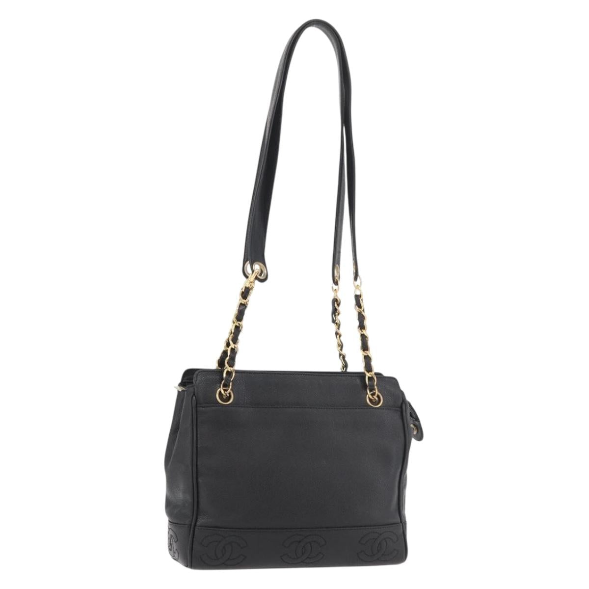 CHANEL Chain Tote Bag Caviar Skin Black Gold CC Auth bs34487A