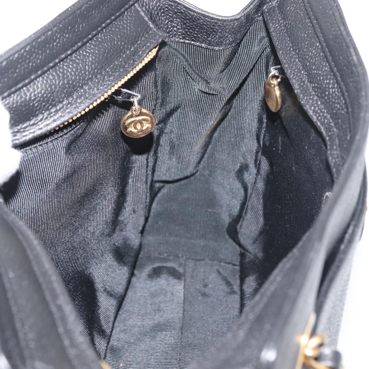 CHANEL Chain Tote Bag Caviar Skin Black Gold CC Auth bs34487A