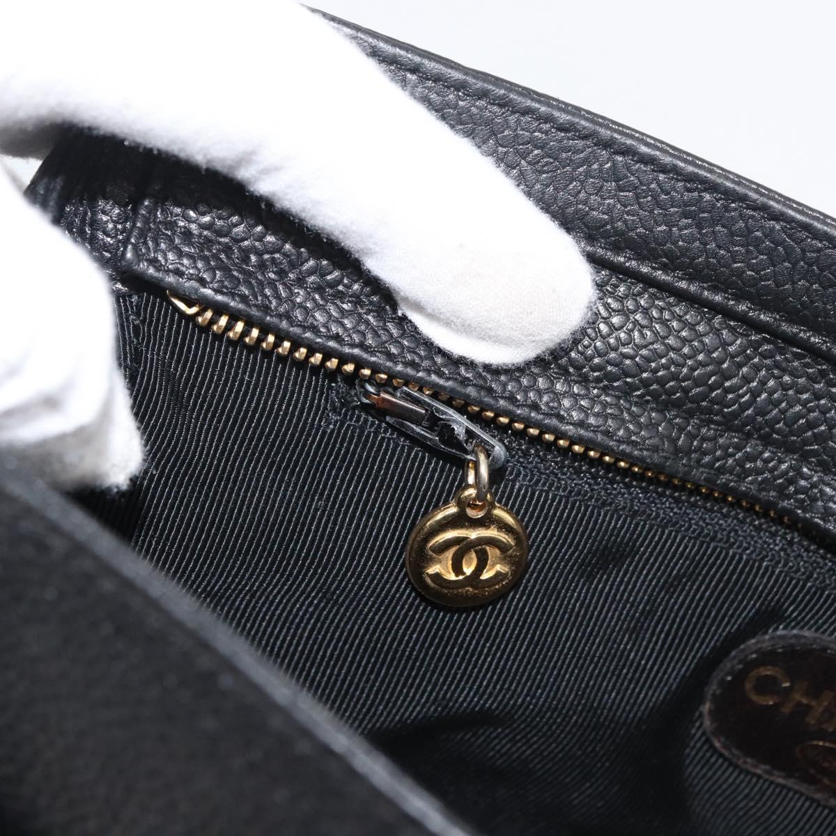 CHANEL Chain Tote Bag Caviar Skin Black Gold CC Auth bs34487A