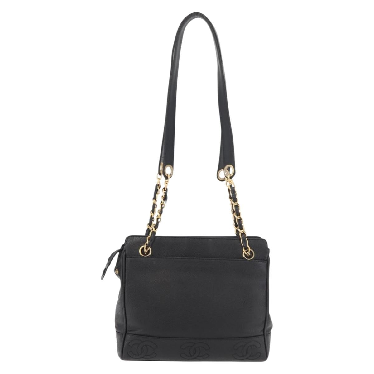 CHANEL Chain Tote Bag Caviar Skin Black Gold CC Auth bs34487A