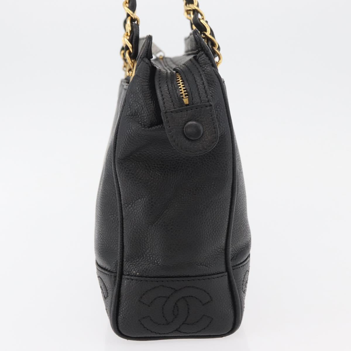 CHANEL Chain Tote Bag Caviar Skin Black Gold CC Auth bs34487A
