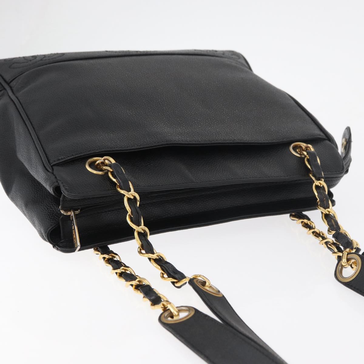 CHANEL Chain Tote Bag Caviar Skin Black Gold CC Auth bs34487A
