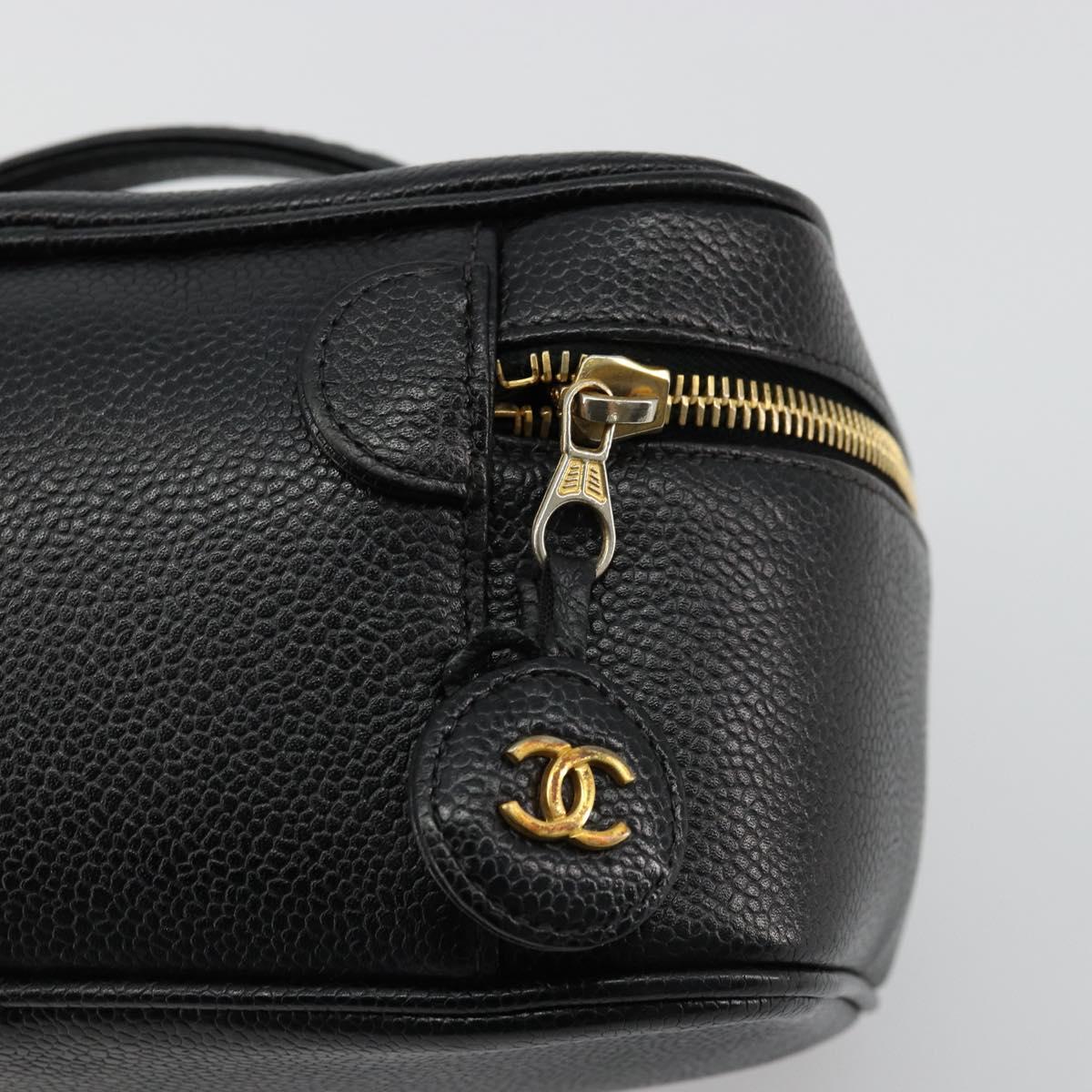 CHANEL Vanity Pouch Caviar Skin Black Gold CC Auth bs34489