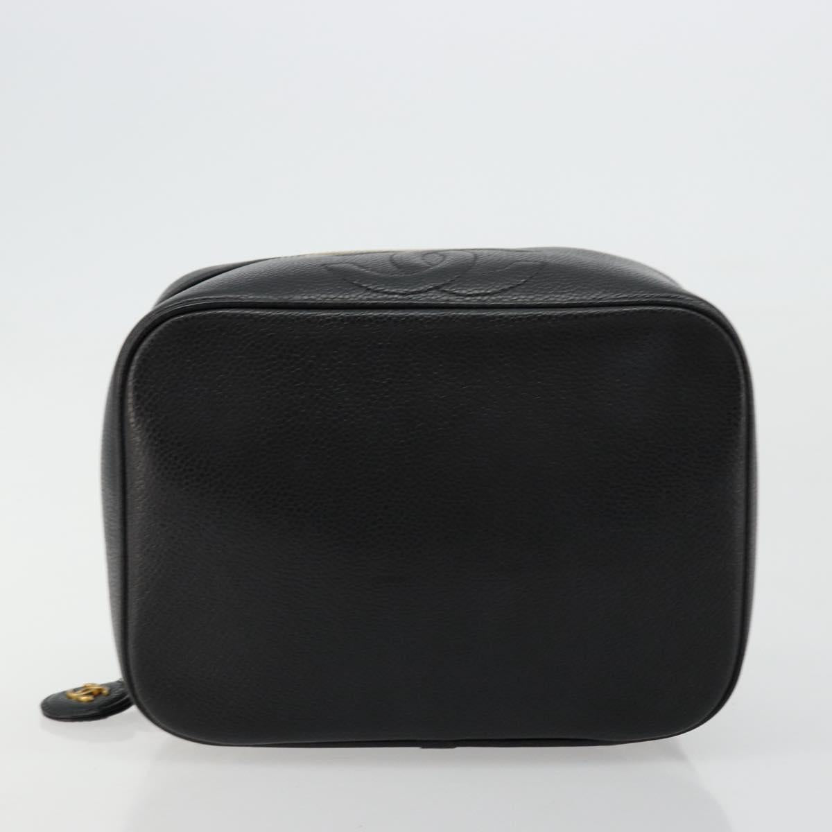 CHANEL Vanity Pouch Caviar Skin Black Gold CC Auth bs34489