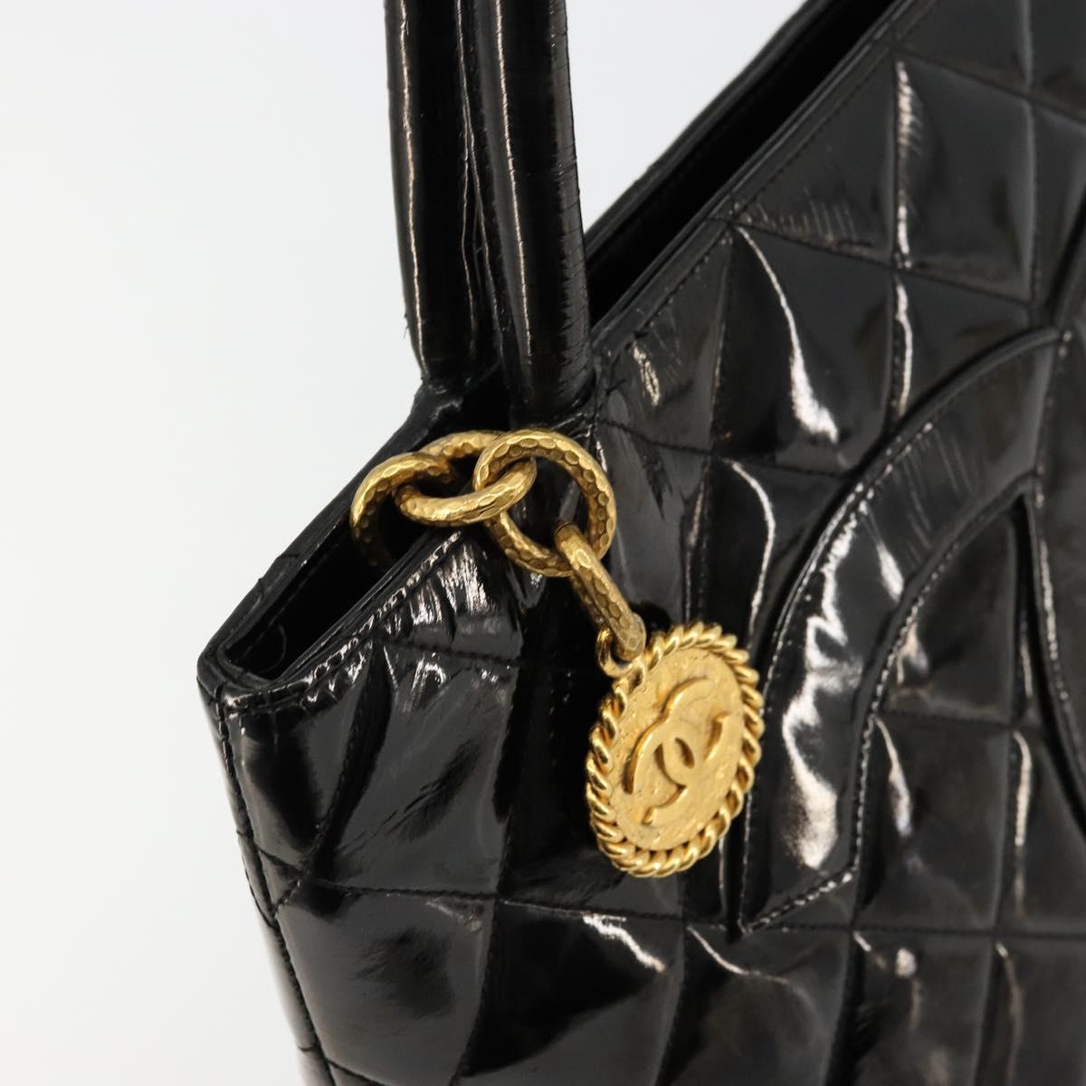 CHANEL Matelasse Reprint Tote Bag Patent leather Black Gold CC Auth bs34512A