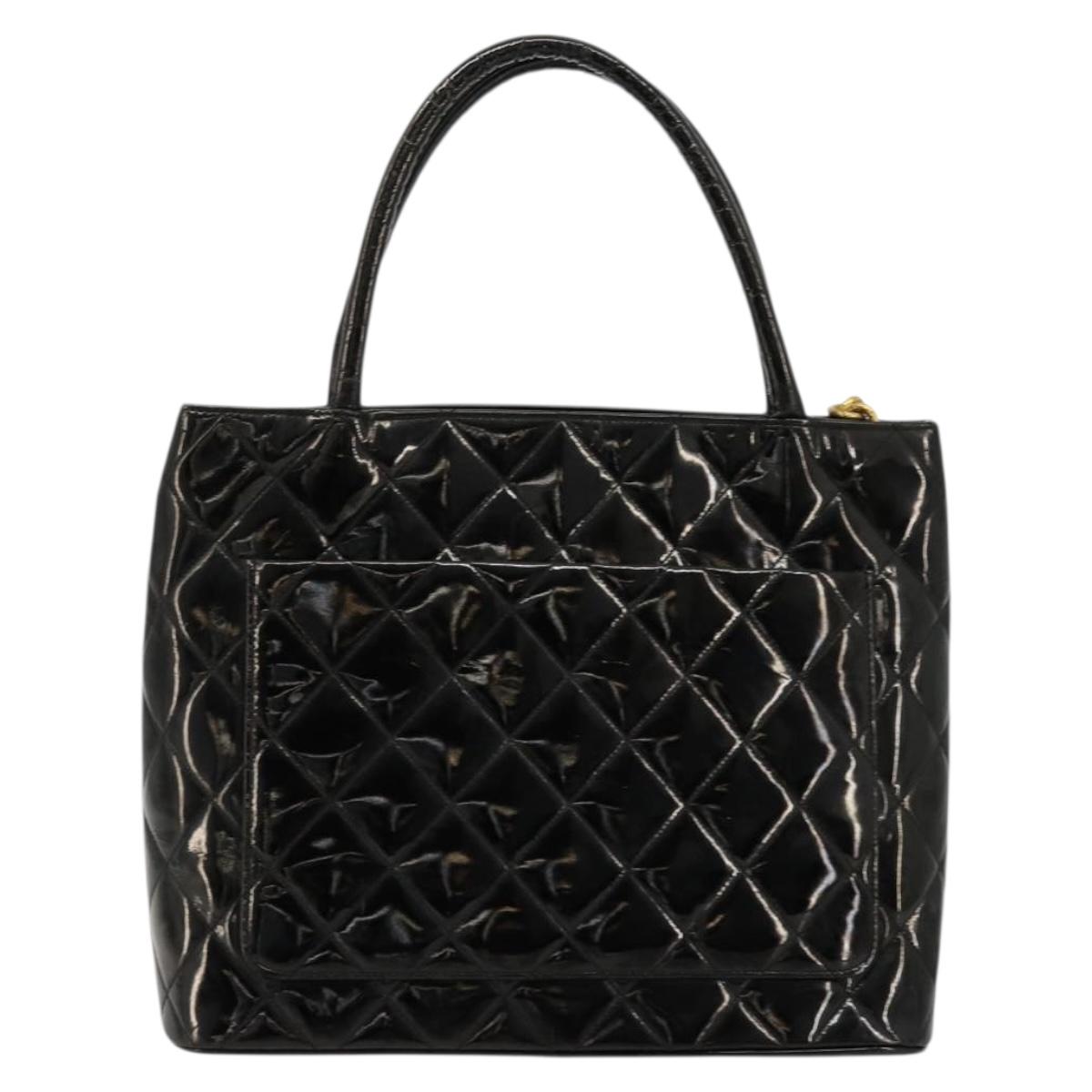CHANEL Matelasse Reprint Tote Bag Patent leather Black Gold CC Auth bs34512A