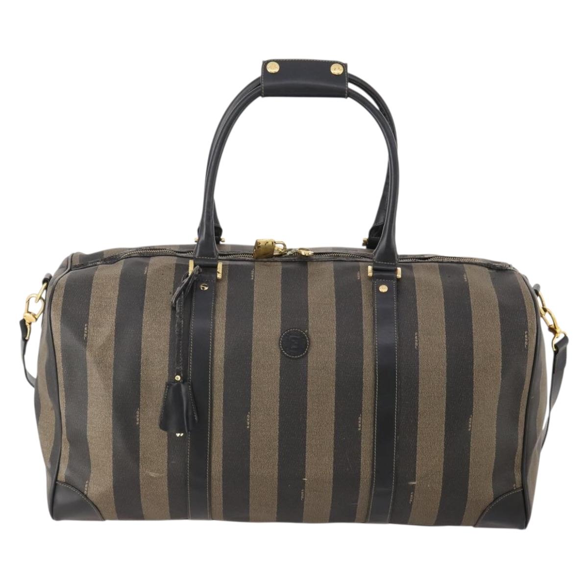FENDI Pecan Canvas Boston Bag PVC 2way Brown Black Auth bs34526