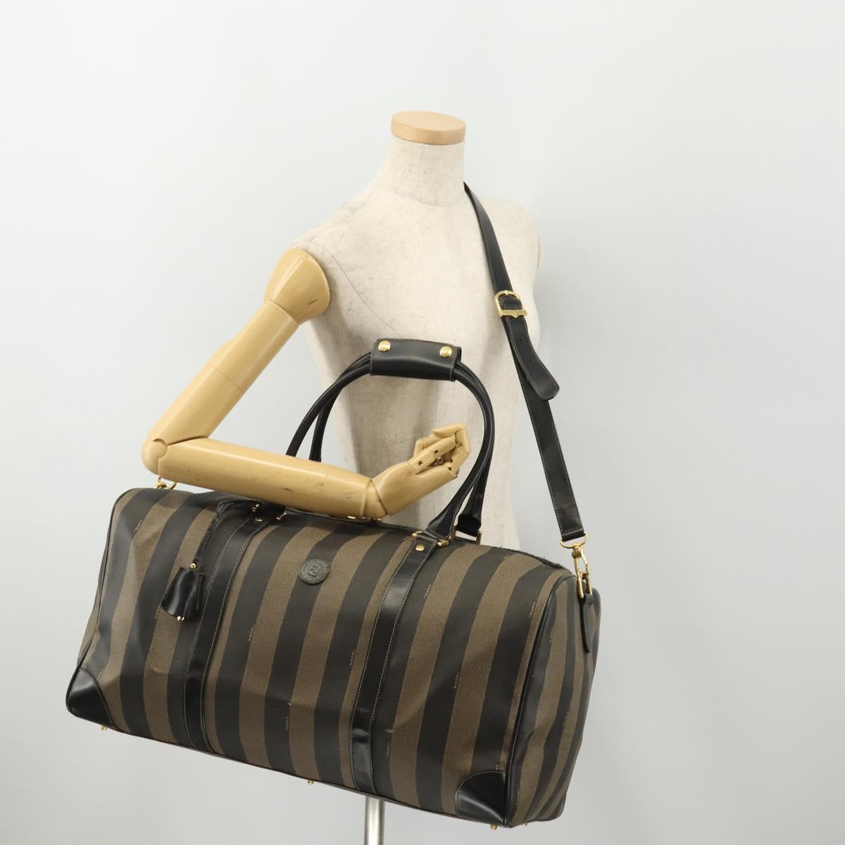 FENDI Pecan Canvas Boston Bag PVC 2way Brown Black Auth bs34526