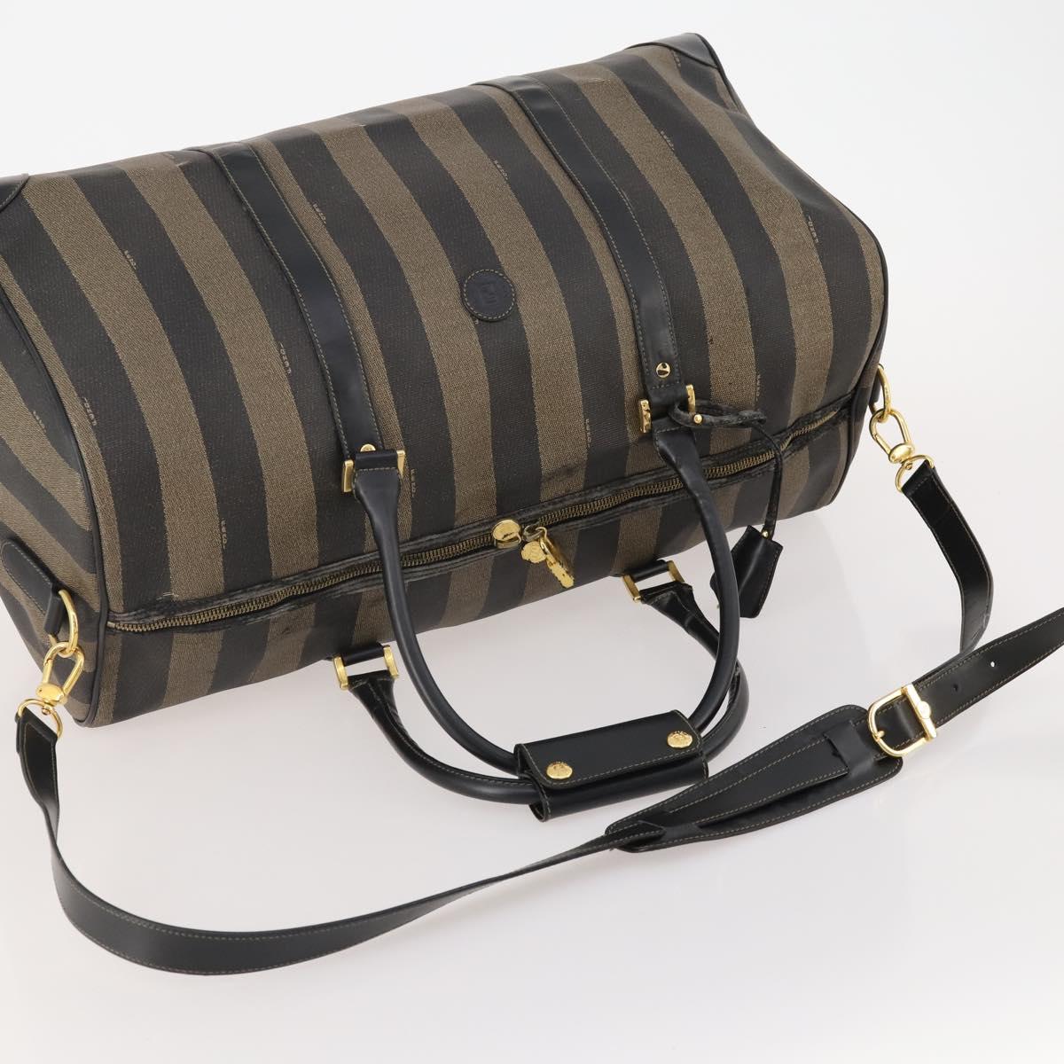 FENDI Pecan Canvas Boston Bag PVC 2way Brown Black Auth bs34526