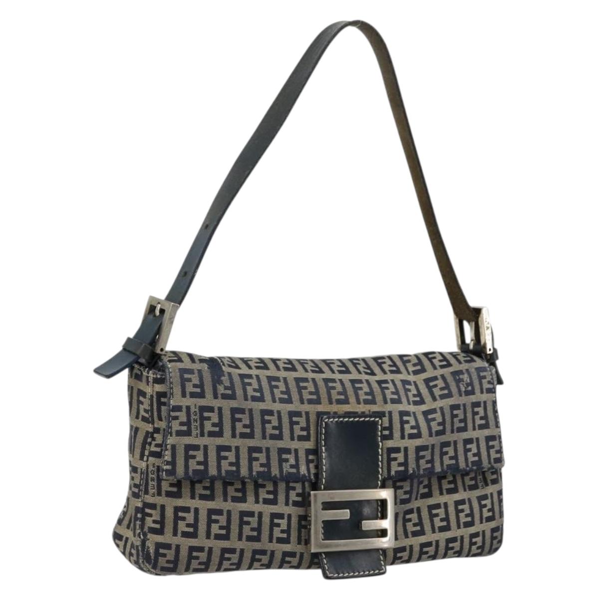 FENDI Zucchino Canvas Mamma Baguette Shoulder Bag Navy Silver Auth bs34528
