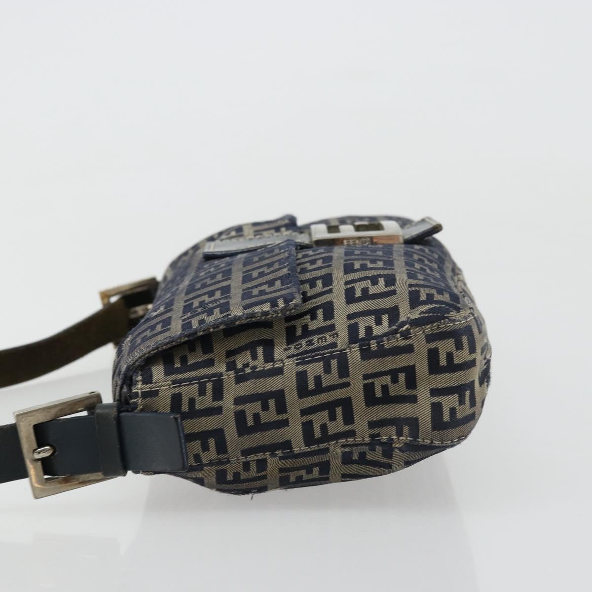 FENDI Zucchino Canvas Mamma Baguette Shoulder Bag Navy Silver Auth bs34528