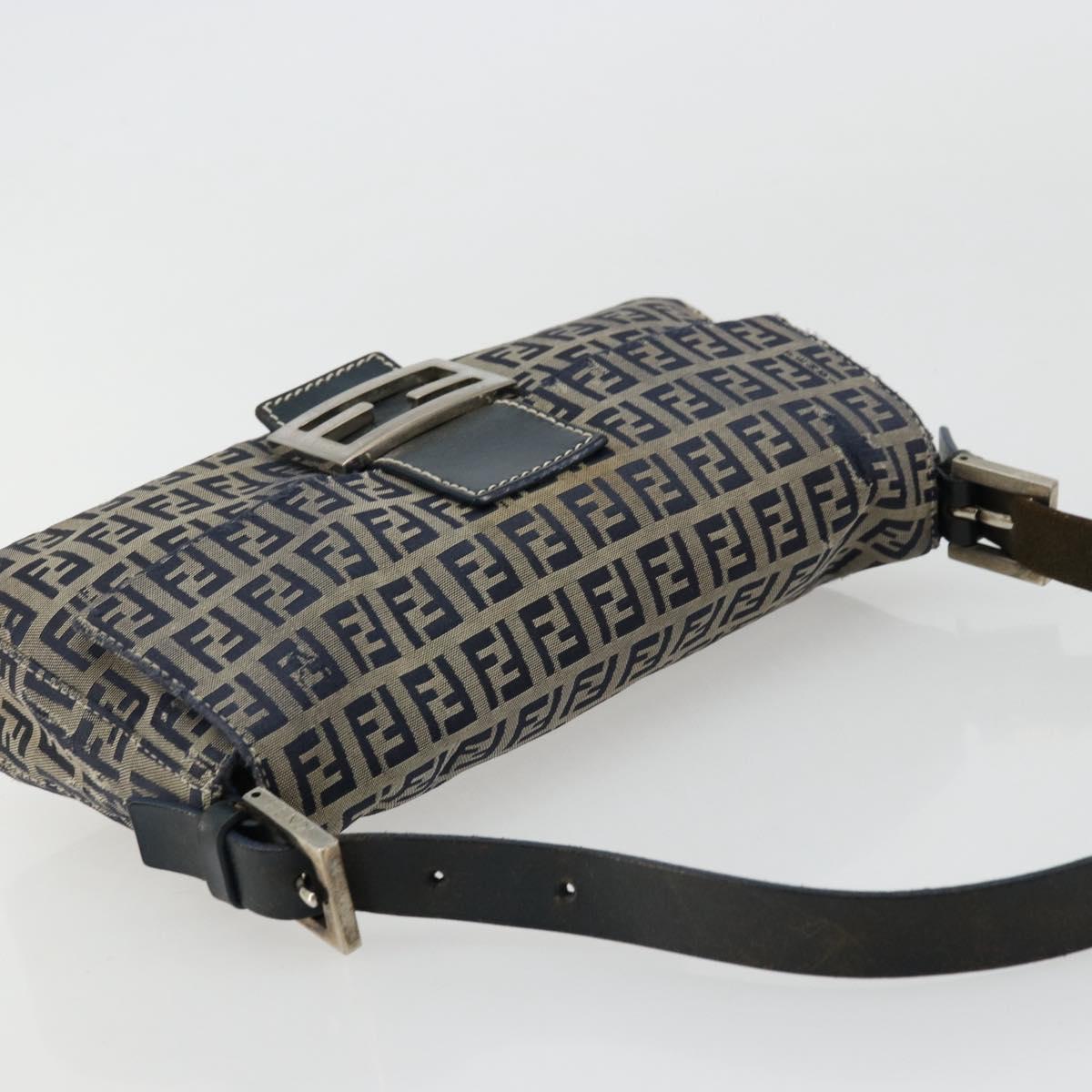FENDI Zucchino Canvas Mamma Baguette Shoulder Bag Navy Silver Auth bs34528