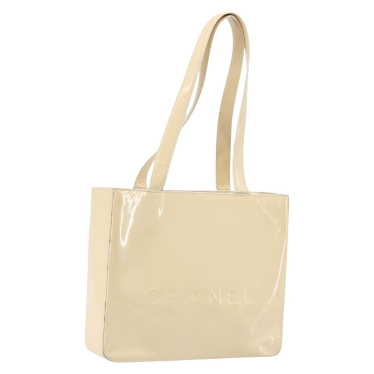 CHANEL Tote Bag Patent leather Ivory Gold CC Auth bs34540