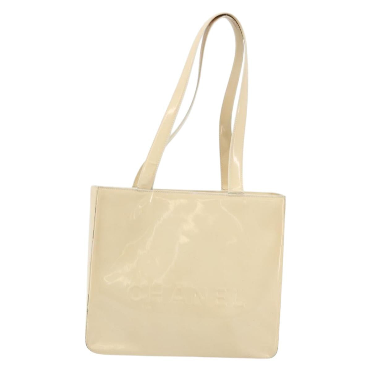 CHANEL Tote Bag Patent leather Ivory Gold CC Auth bs34540