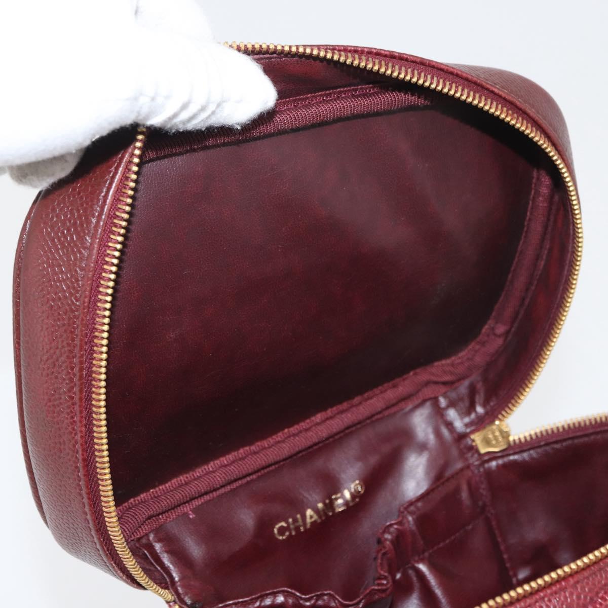CHANEL Vanity Pouch Caviar Skin Bordeaux Gold CC Auth bs34541