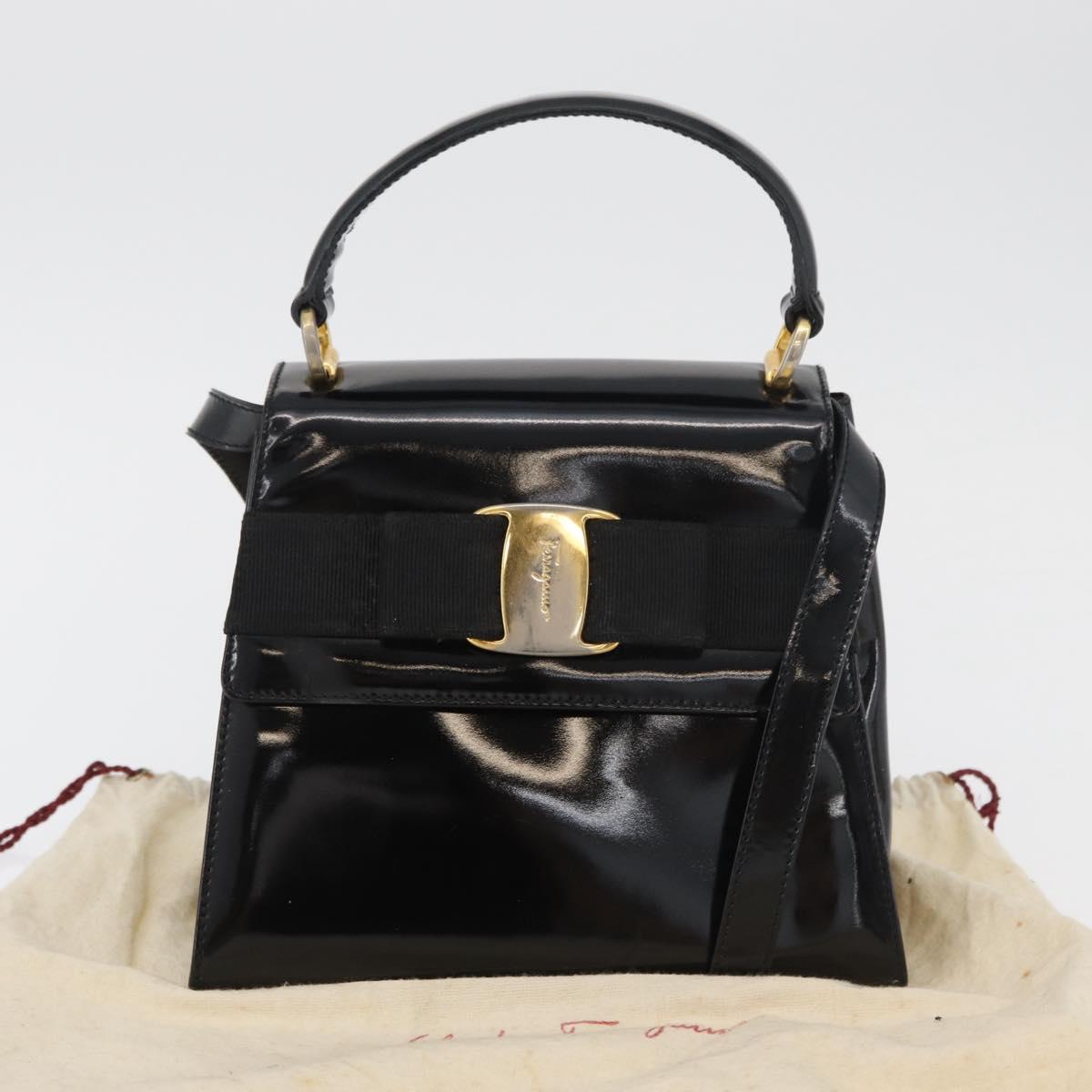 Salvatore Ferragamo Vala Hand Bag Patent leather 2way Black Gold Auth bs34547