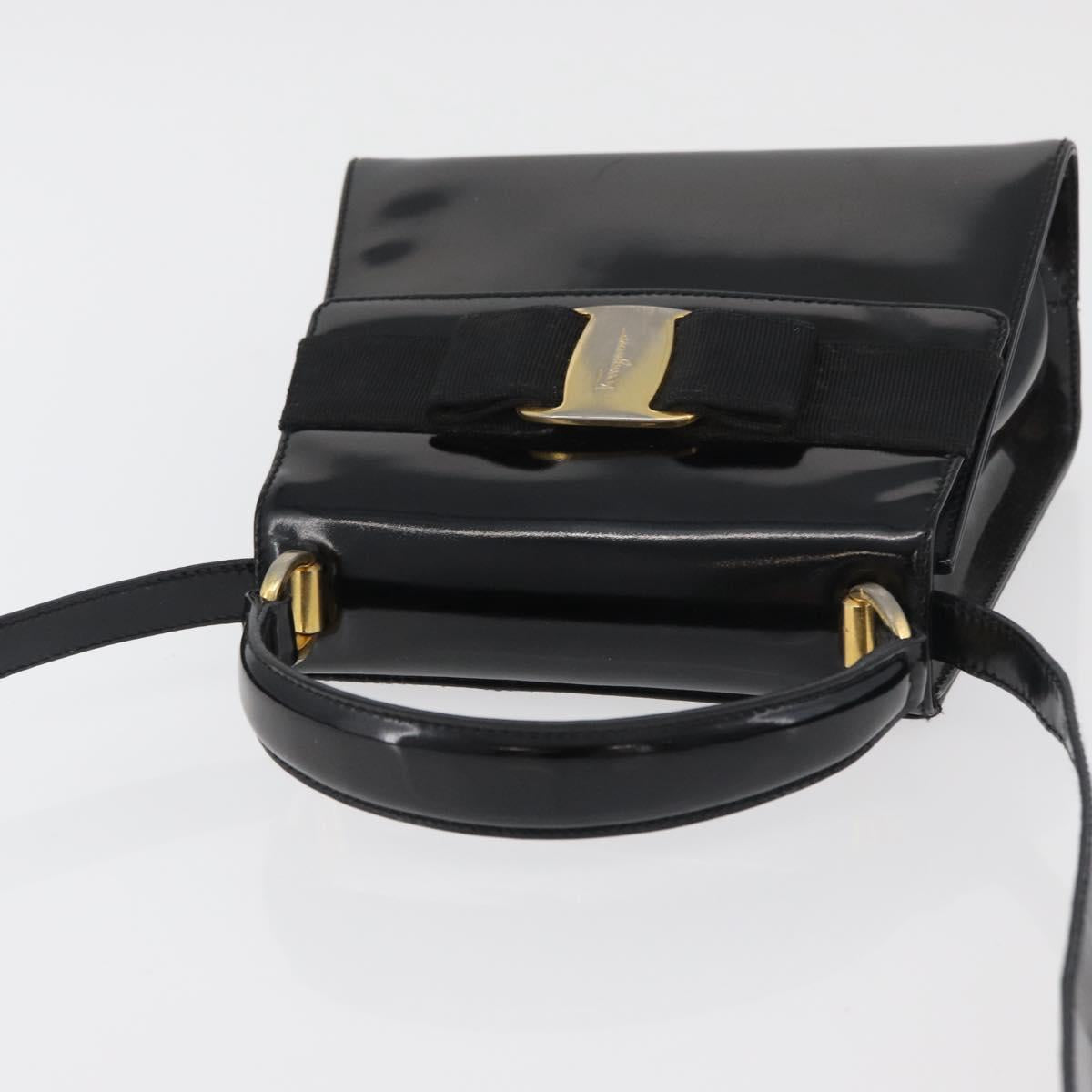 Salvatore Ferragamo Vala Hand Bag Patent leather 2way Black Gold Auth bs34547
