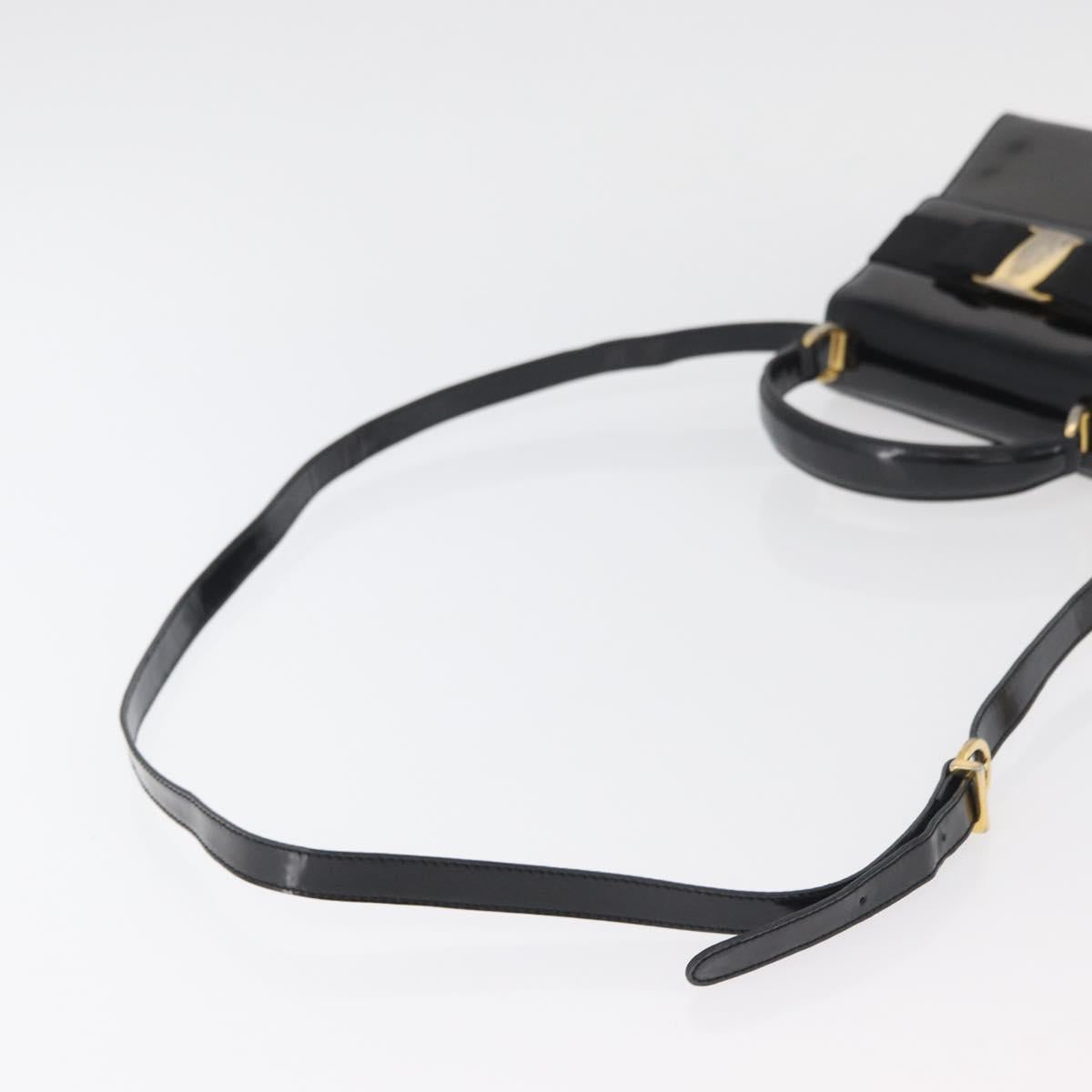 Salvatore Ferragamo Vala Hand Bag Patent leather 2way Black Gold Auth bs34547