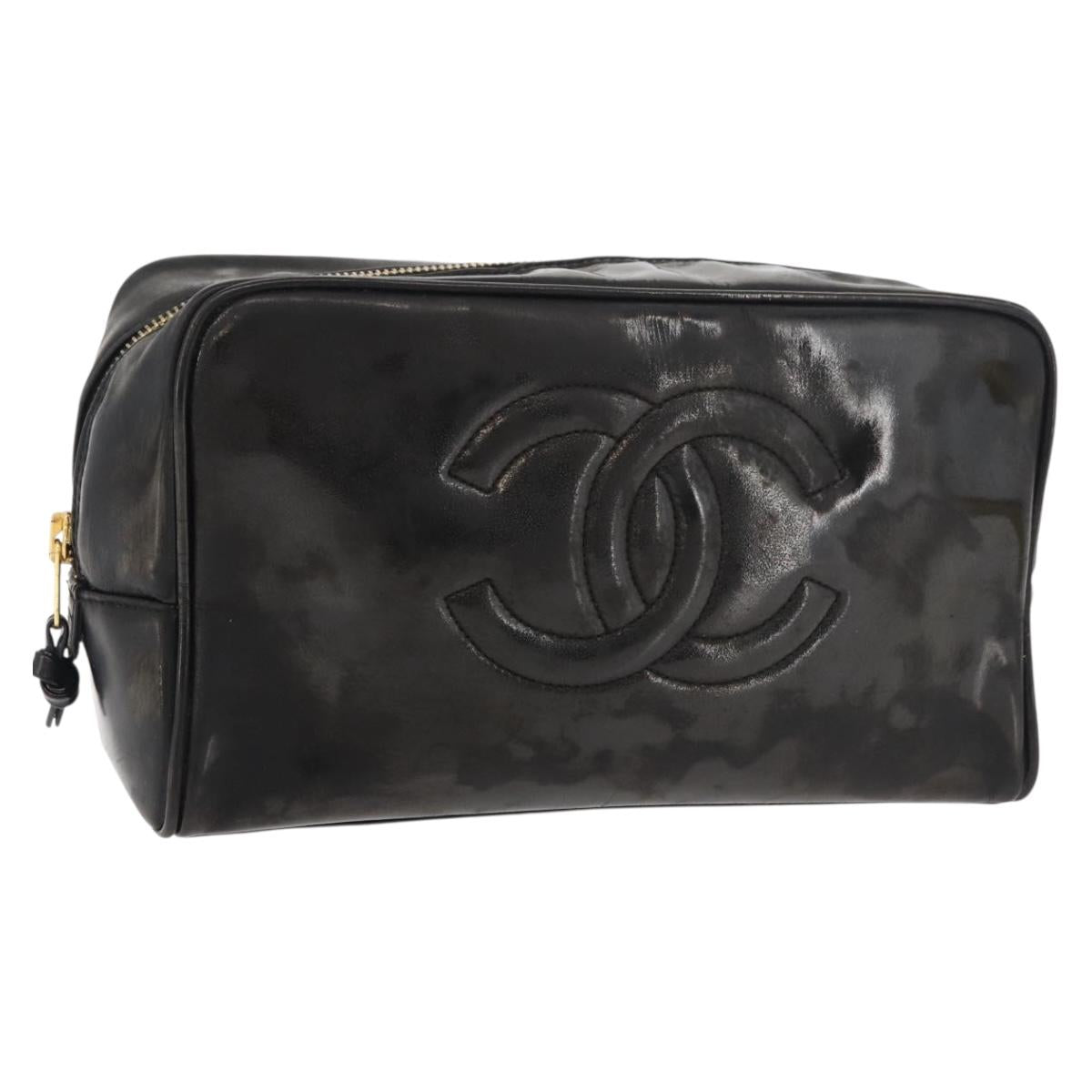 CHANEL Clutch Bag Patent leather Black Gold CC Auth bs34548