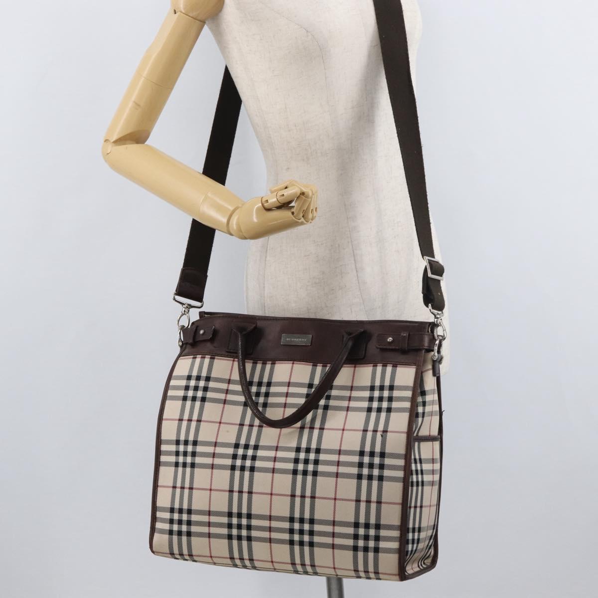 BURBERRY Nova Check Tote Bag Canvas Leather 2way Beige Silver Auth bs34550