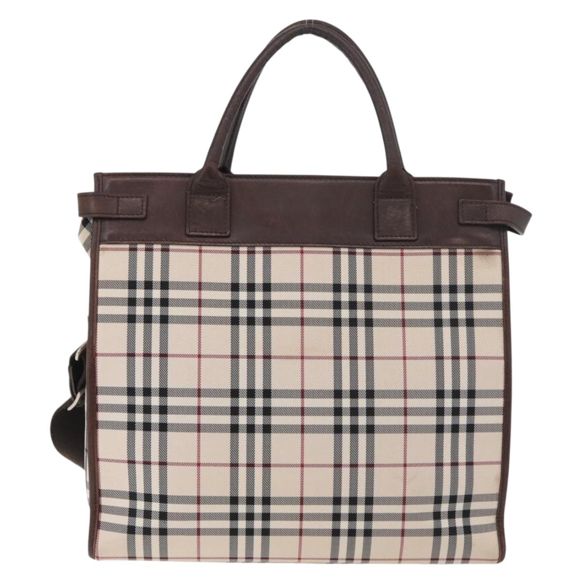 BURBERRY Nova Check Tote Bag Canvas Leather 2way Beige Silver Auth bs34550
