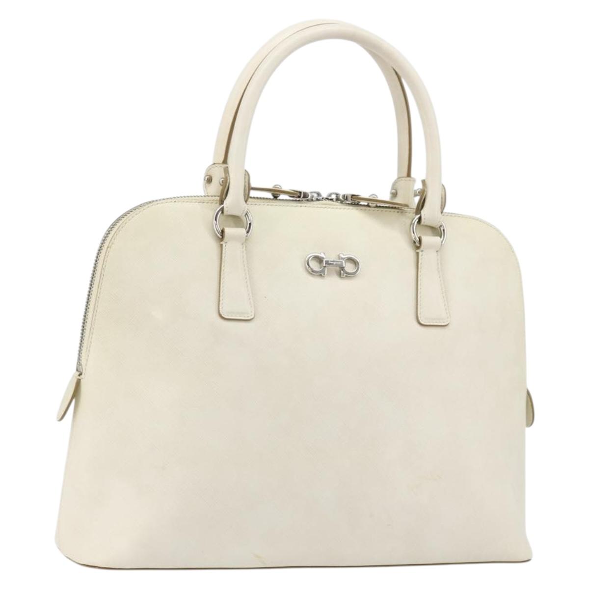 Salvatore Ferragamo Gancini Hand Bag Leather White Silver Auth bs34555