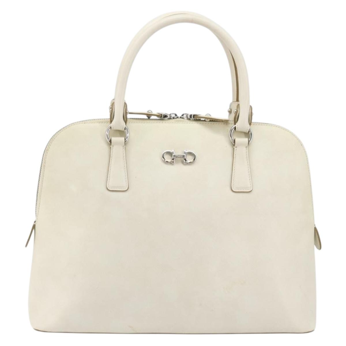 Salvatore Ferragamo Gancini Hand Bag Leather White Silver Auth bs34555