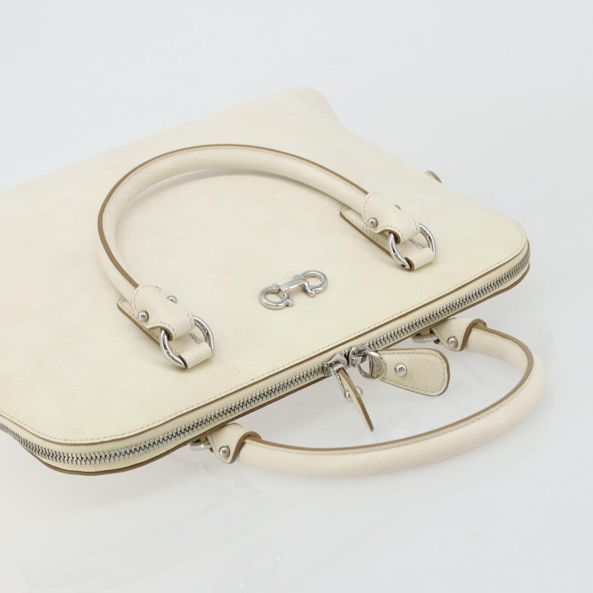 Salvatore Ferragamo Gancini Hand Bag Leather White Silver Auth bs34555