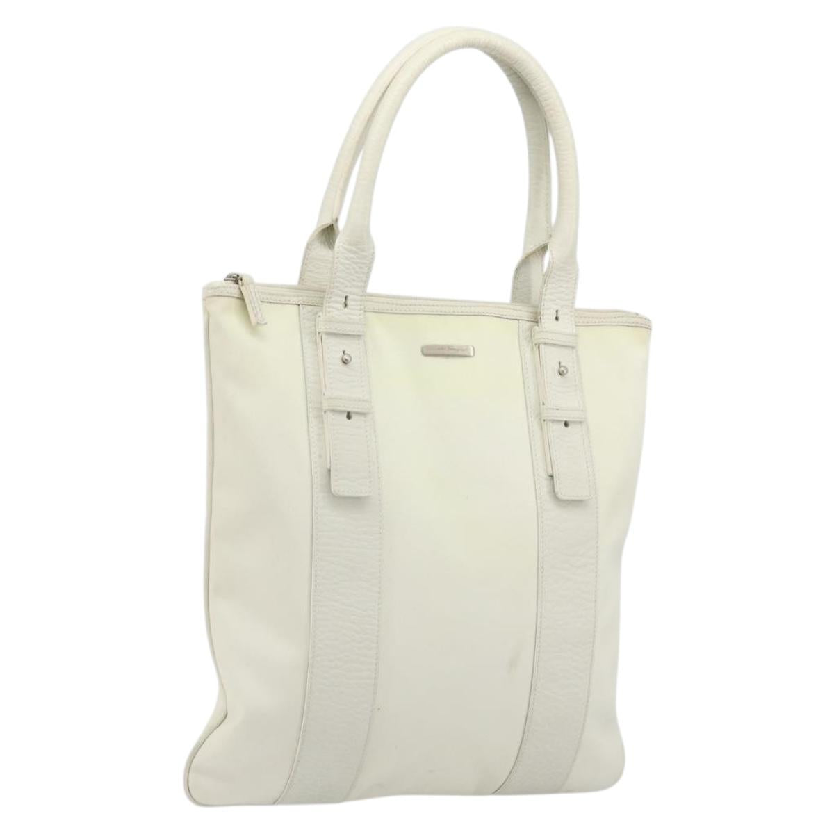 Salvatore Ferragamo Tote Bag Nylon White Silver Auth bs34557