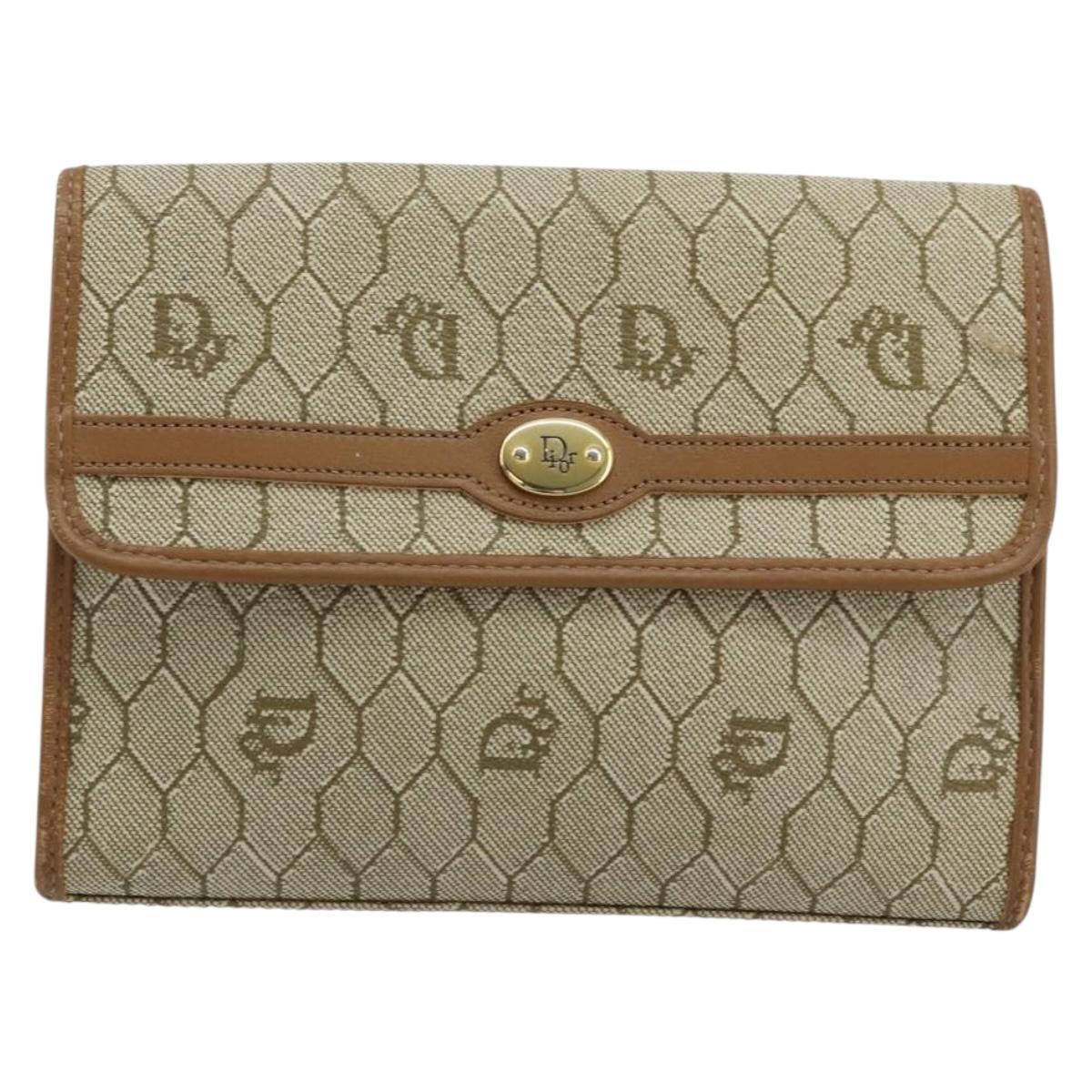 Christian Dior Honeycomb Canvas Pouch PVC Leather Beige Gold Auth bs34559A