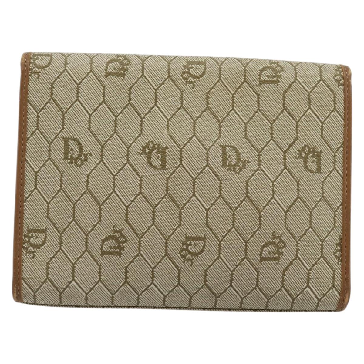 Christian Dior Honeycomb Canvas Pouch PVC Leather Beige Gold Auth bs34559A