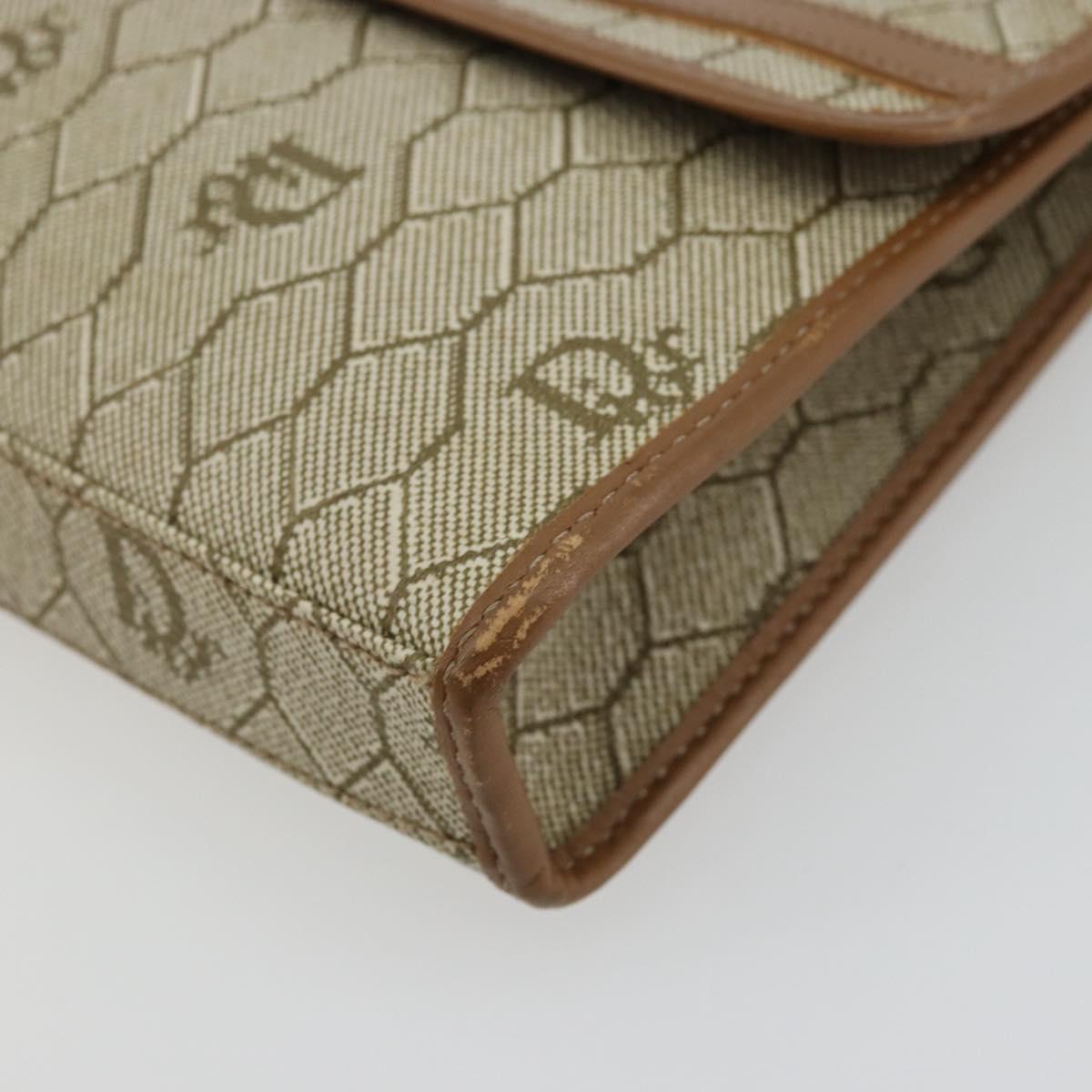 Christian Dior Honeycomb Canvas Pouch PVC Leather Beige Gold Auth bs34559A