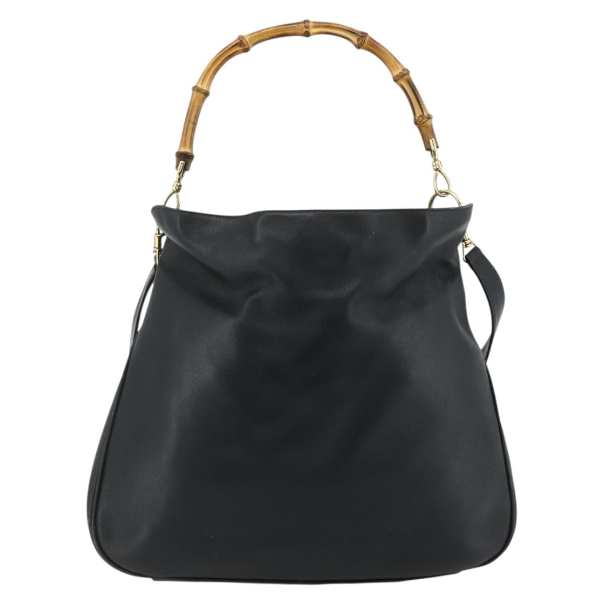 GUCCI Bamboo Shoulder Bag Leather 2way Black Gold 001 2404 1577 Auth bs34581