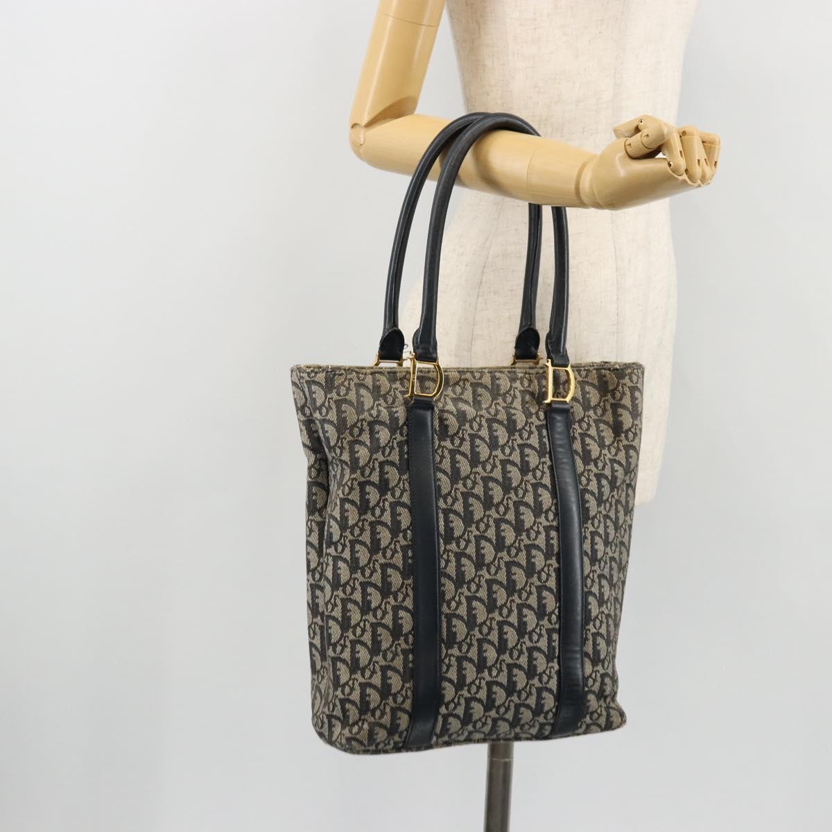 Christian Dior Trotter Canvas Tote Bag Navy Gold Auth bs34597A