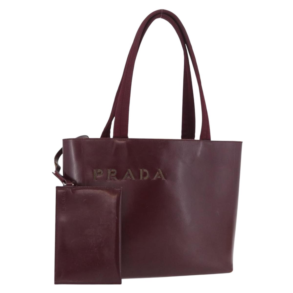PRADA Tote Bag Leather Bordeaux Silver Auth bs34602