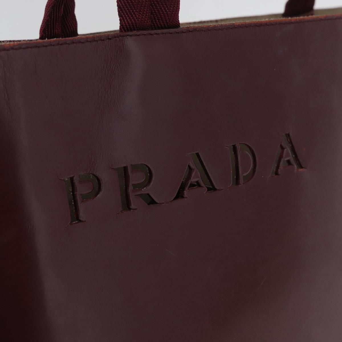 PRADA Tote Bag Leather Bordeaux Silver Auth bs34602