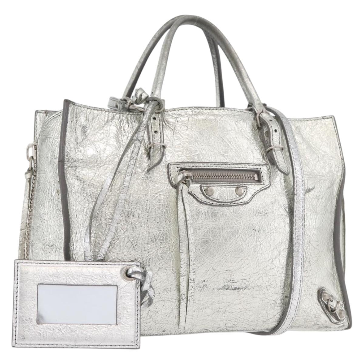 BALENCIAGA Paper Zip Around Hand Bag Leather 2way Silver 370926 Auth bs34624A