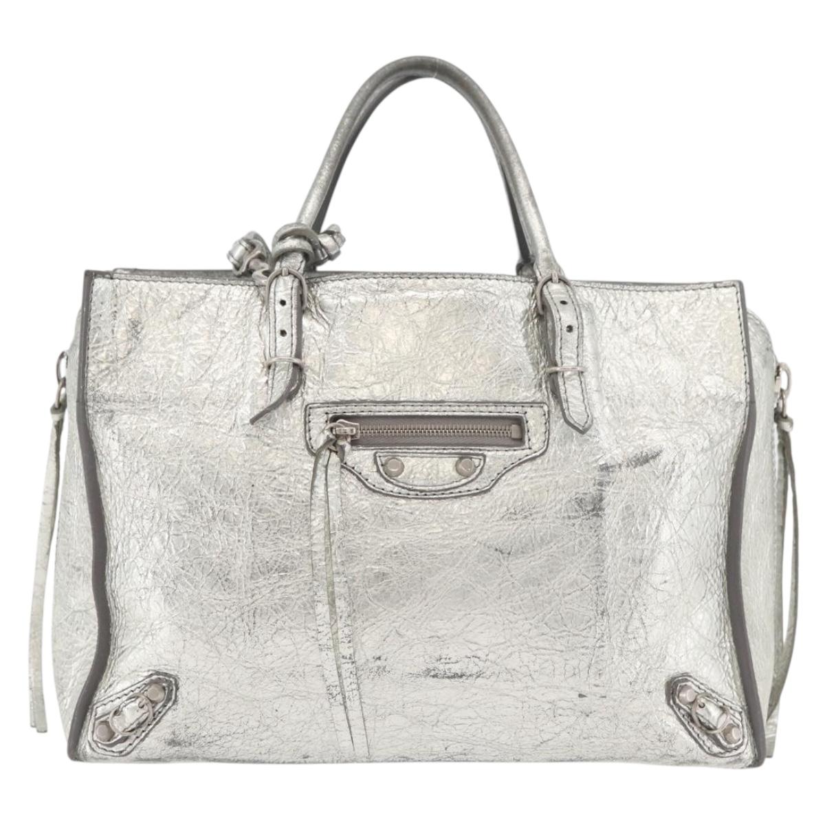 BALENCIAGA Paper Zip Around Hand Bag Leather 2way Silver 370926 Auth bs34624A