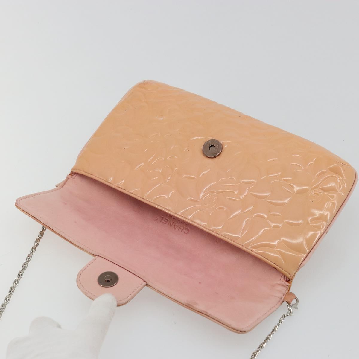 CHANEL Chain Shoulder Bag Patent Leather Pink Silver CC Auth bs34632A