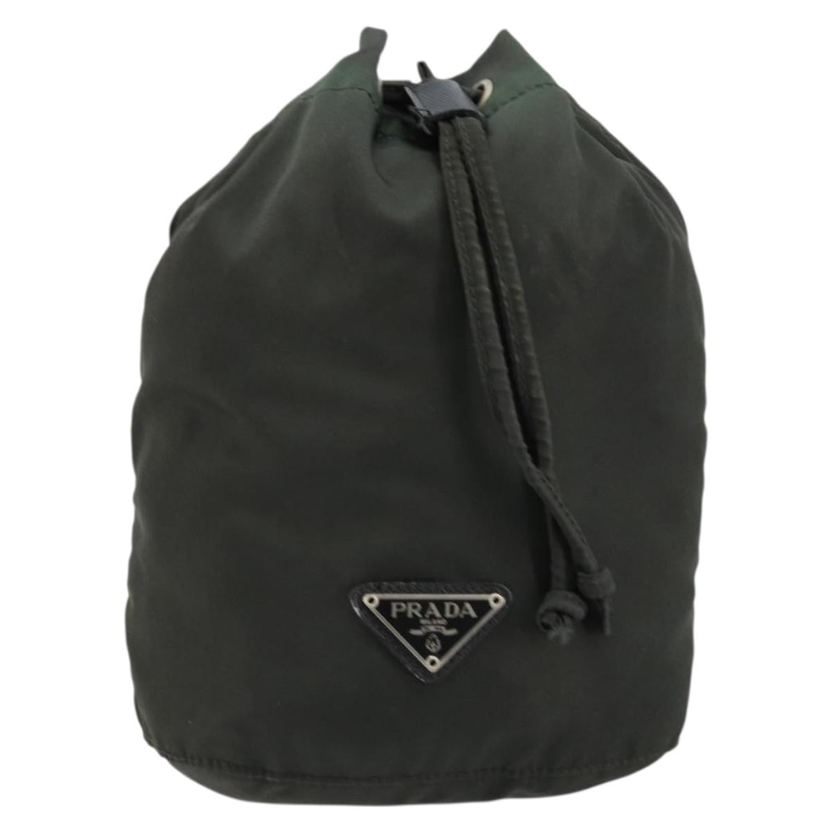 PRADA Drawstring Pouch Nylon Khaki Silver Auth bs34644