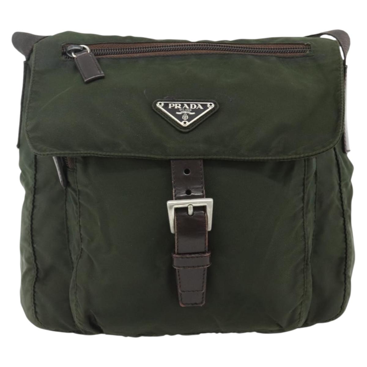 PRADA Shoulder Bag Nylon Khaki Silver Auth bs34648