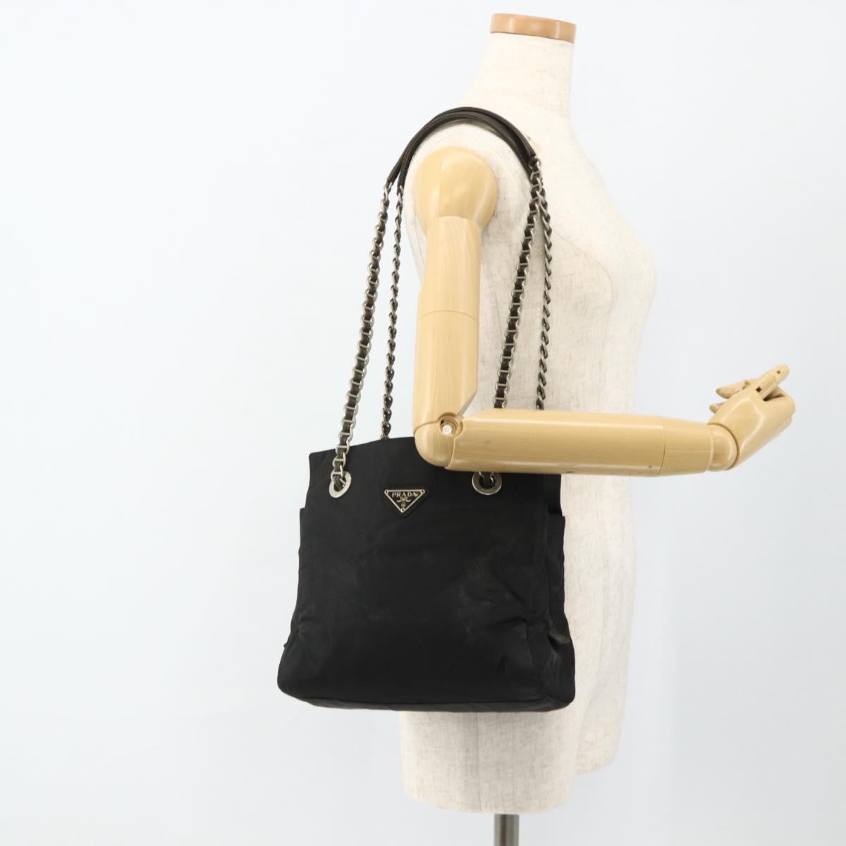PRADA Chain Tote Bag Nylon Black Silver Auth bs34649