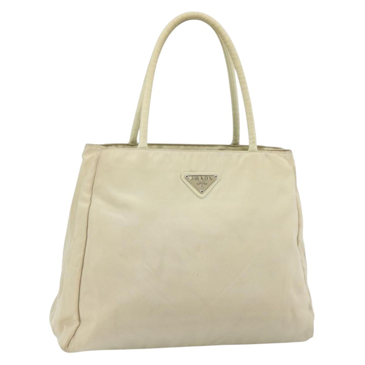 PRADA Hand Bag Nylon Ivory Silver Auth bs34653