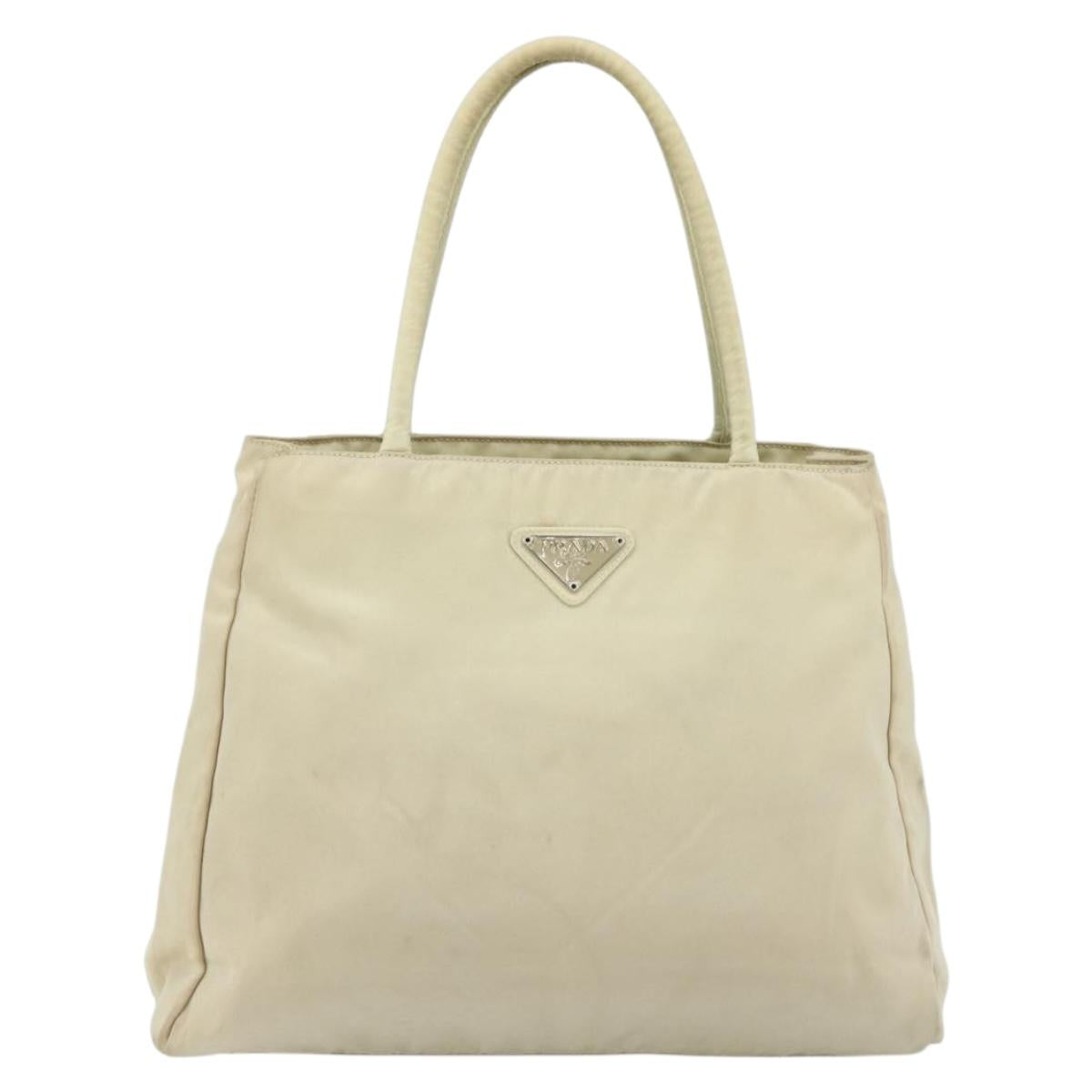 PRADA Hand Bag Nylon Ivory Silver Auth bs34653