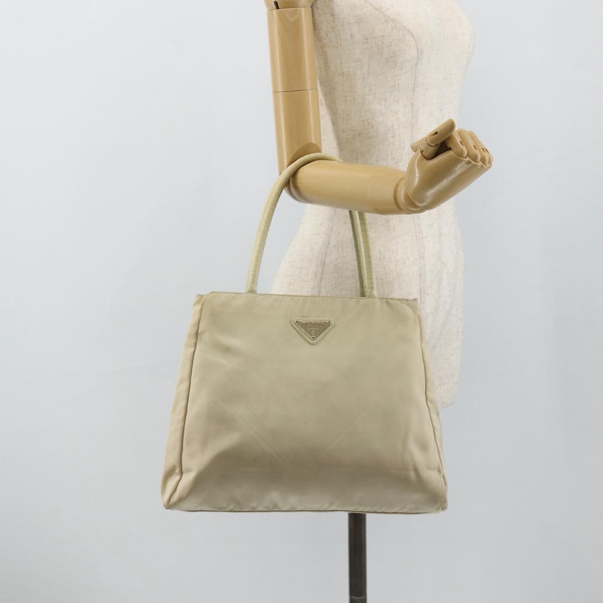 PRADA Hand Bag Nylon Ivory Silver Auth bs34653