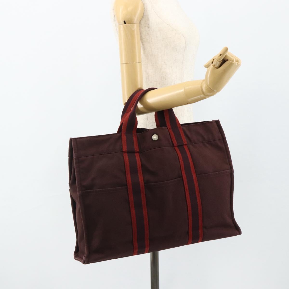 HERMES Fourre Tout MM Hand Bag Cotton Bordeaux Silver Auth bs34654