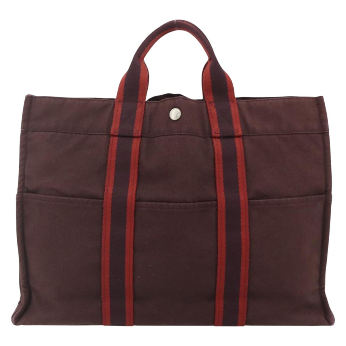 HERMES Fourre Tout MM Hand Bag Cotton Bordeaux Silver Auth bs34654
