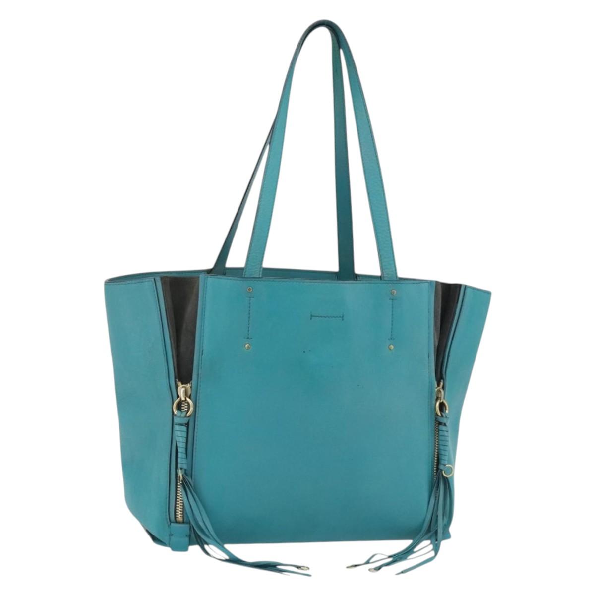Chloe Tote Bag Leather Turquoise Blue Gold Auth bs34667
